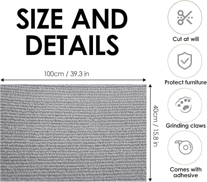 ASENKU Cat Scratch Furniture Protector, Trimmable Self-Adhesive Couch Protector from cat Claws, DIY Climb Cat Scratcher Mat for Covering Cat Tower (AshGray,39.3x15.8In)