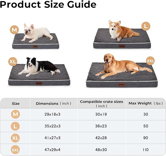 XL Dog Crate Bed for Extra Large Dogs - Waterproof Puppy Bed for 42 Inch Kennel with Removable Washable Corduroy Cover, Orthopedic Support with Egg Crate Foam Filling, Grey