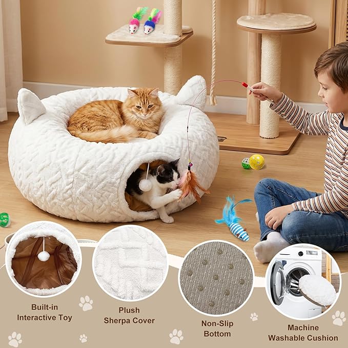 OurWarm Cat Tunnel Bed for Indoor Cats, Soft Plush Cat Donut Tunnel with 11 Pcs Interactive Toys & Washable Mat, Round Peekaboo Pet Cave Play Tunnel Under Christmas Tree for Kitten Rabbit