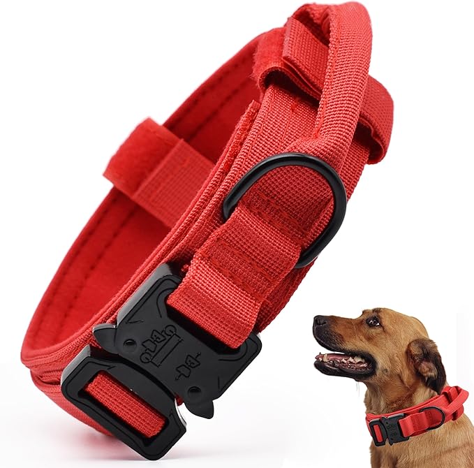 Tactical Dog Collar, Adjustable Military Training Nylon Dog Collar with Control Handle and Heavy Quick-Release Metal Buckle for Small Medium Large Dogs, Red S