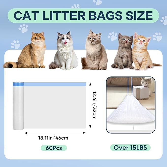 60 Count Cat Litter Box Liners Compatible with MeoWant-SCO1 & MeoWant-SCO2, Cat Litter Liners for Automatic Litter Box, Thick Heavy Duty Waste Bags with Drawstrings, 18.11" x 12.6"
