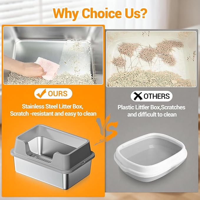 Stainless Steel Litter Box, XL Enclosed Cat Litter Boxes with Lid for Big Cats and Multi-Cats, High Sided, Anti-Urine Leakage Non-Stick Bottom Include Scoop Easy to Clean
