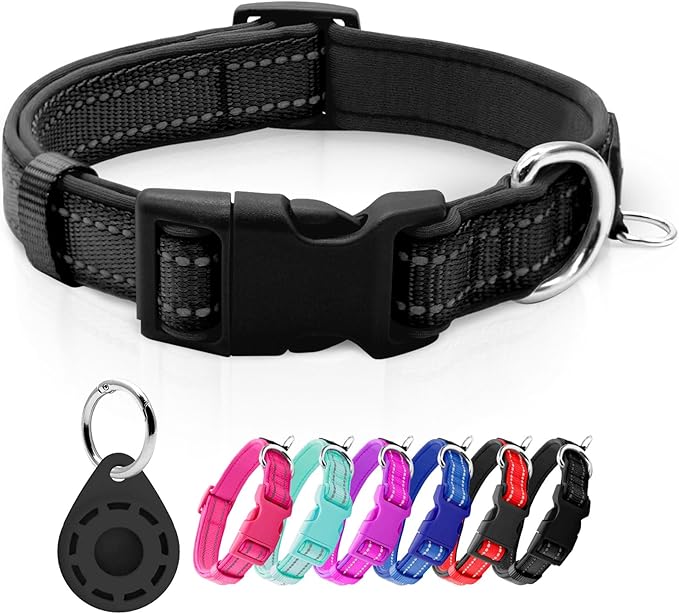 azuza Reflective Dog Collar with Airtag Holder, Soft Neoprene Padded Pet Collar with ID Tag Ring, Adjustable for Small Dogs,Black,S
