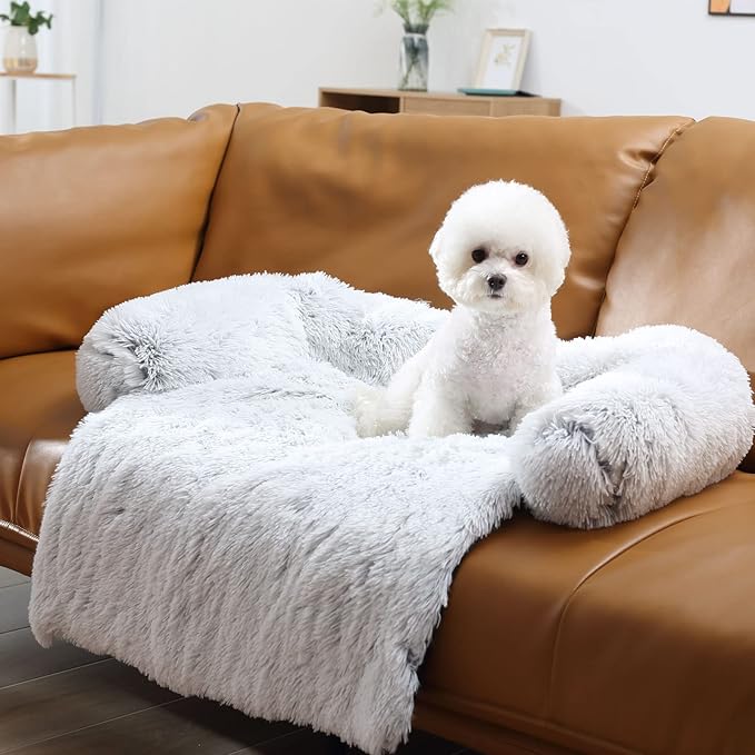 HACHIKITTY Calming Pet Sofa Bed Mat, Washable Plush Couch Cover for Dogs & Cats, Furniture Protector with Anti-Slip Bottom (30"x 27"x 6", Gray)