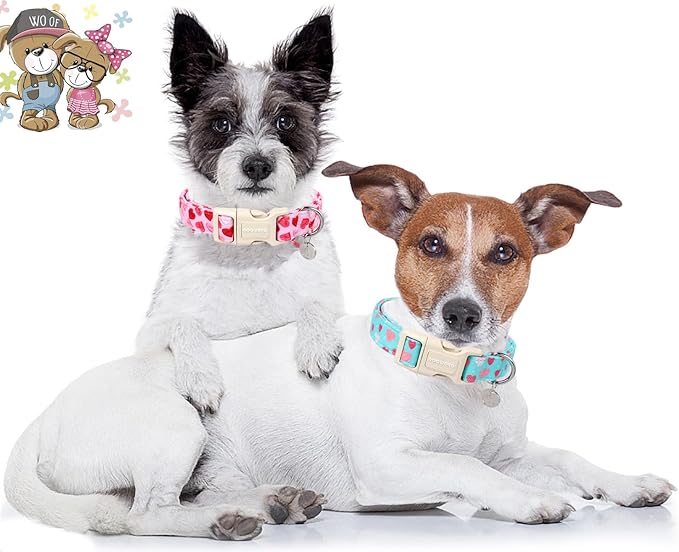 DOGWONG Valentine's Dog Collar - Pink Heart Adjustable Cotton Heart Dog Collar - Perfect for Large Dogs