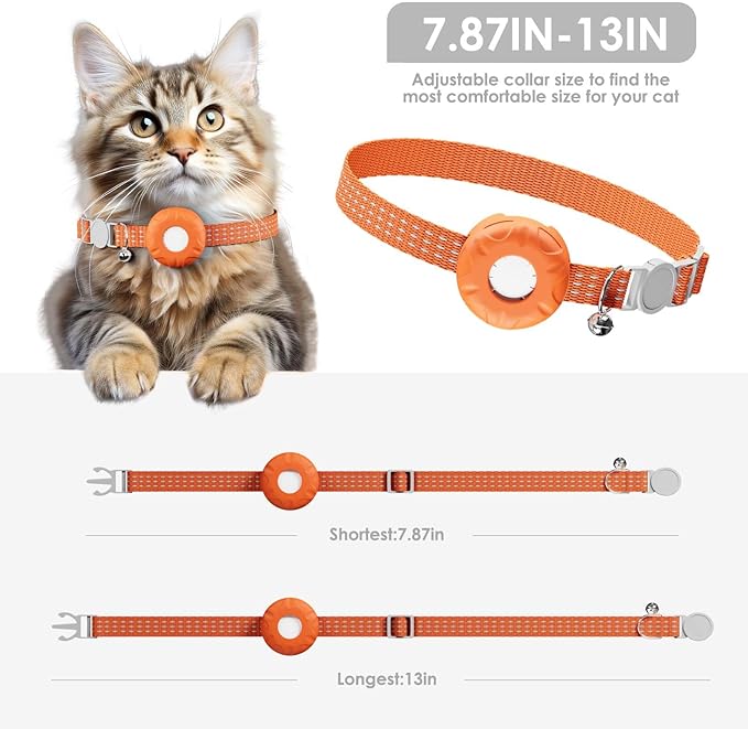 Cat GPS Tracker, Smart Cat Tracker Compatible with Apple Find My App (Only iOS), No Monthly Fee, Waterproof (White Tracker, Orange Cat Collar)