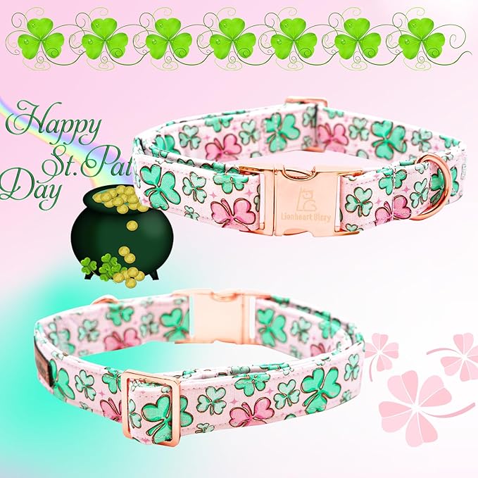 Lionheart glory St. Patrick's Day Dog Collar with Flower Dog Collars for Medium Dogs, Heavy Duty Green Collars Lucky Clover Shamrock Dogs Collar Flower Puppy