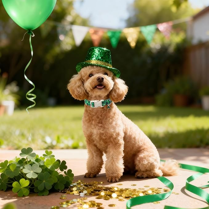 St Patricks Day Dog Collar for Puppy Small Dogs - Green Lucky Clover Dog Collars, Lightweight Adjustable Irish Festival Shamrock Dogs Collars with Quick Release Buckle XS