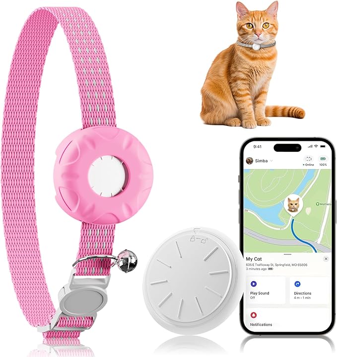 Smart Cat GPS Tracker, Cat Tracker Compatible with Apple Find My App (Only iOS), No Monthly Fee, Waterproof (White Tracker, Pink Cat Collar)