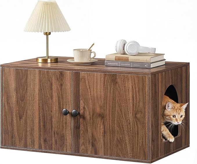 HOOBRO Cat Litter Box Enclosure, Hidden Litter Box Furniture with Side Entry, Litter Box Cabinet, Indoor Cat House, End Side Table, 31.5"L x 17.7"W x 16.3"H, for Living Room, Bathroom, Walnut WL40MW01