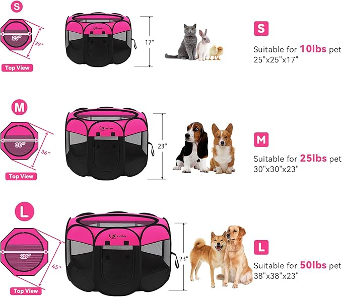 Dog Playpen, Medium Puppy Pet Playpen, Dog Crate Tent Cage Indoor/Outdoor, Portable Pop Up Dogs Kennel Playpen with Carrying Case for Dogs/Cats/Rabbits, Hot Pink