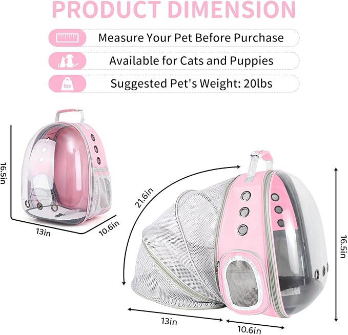Cat Backpack Carrier, Back Expandable Pet Backpack with Bubble Window, Airline Approved Pet Travel Bag for Small/Medium Cats & Puppies, Hiking, Camping, Outdoor Use (Pink)