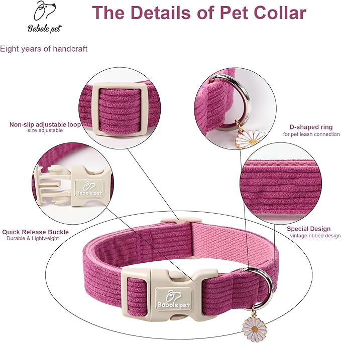 Cute Corduroy Dog Collar - Fuchsia Adjustable Dog Collars for Medium Dogs 25-50lbs, Fade-Proof with Secure Snap & Little Charm, Christmas Birthday Gift, M
