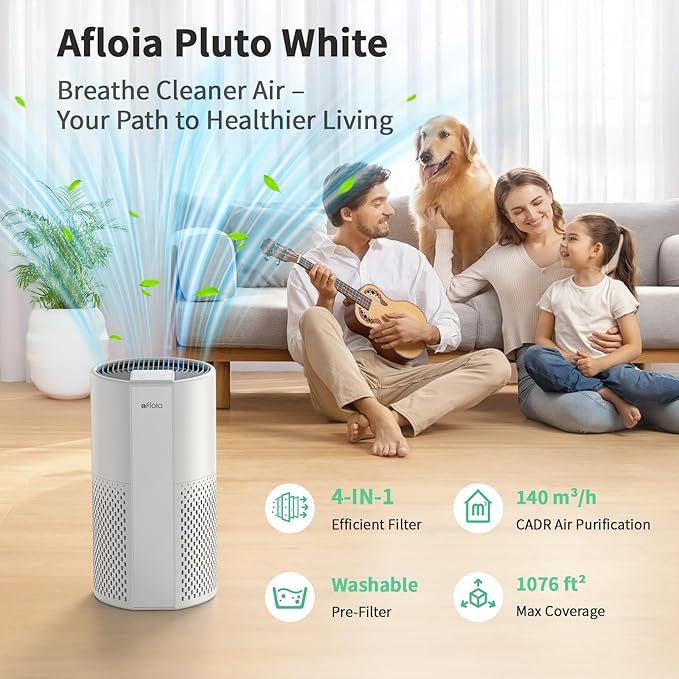 Afloia Air Purifier for Home, 4-in-1 Washable Filter for Allergies, Covers Up to 1076 ft², Quiet Operation, Auto Shut-Off & Night Light, Removes Pet Dander, Pollen, Dust, Mold, and Smoke, White,Pluto