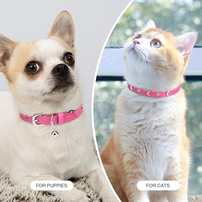 Leather Cat Collars for Boy Girl Cats with Bell and Safety Elastic Belt, Personalized Star and Moon Stud Adjustable Safe Buckle Collar for Kitty Small Big Cats Size 7-9 Inch, Rose