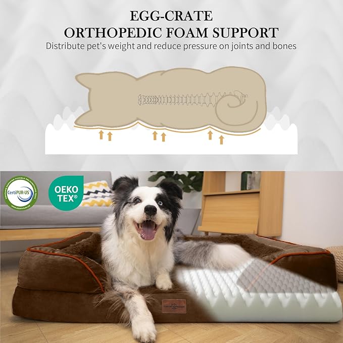 Comfort Expression Orthopedic Dog Bed for Extra Large Dogs 42x30 Inch, Waterproof Egg Crate Foam XL Pet Bed with Removable Bolsters, Dog Couch with Washable Cover & Non-Slip Bottom, Dark Brown