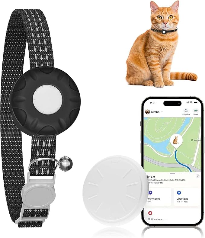 Cat Tracker, Lightweight Pet Tracker for Cats, No Monthly Fee, Waterproof Cat GPS Tracker Compatible with Apple Find My App(Only iOS), Real-Time Tracking, Precise Positioning, Smart Alerts