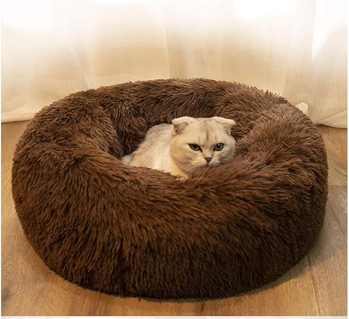 BODISEINT Modern Soft Plush Round Pet Bed for Cats or Small Dogs, Mini Medium Sized Dog Cat Bed Self Warming Autumn Winter Indoor Snooze Sleeping Cozy Kitty Teddy Kennel (20'' D x 8'' H, Chocolate)