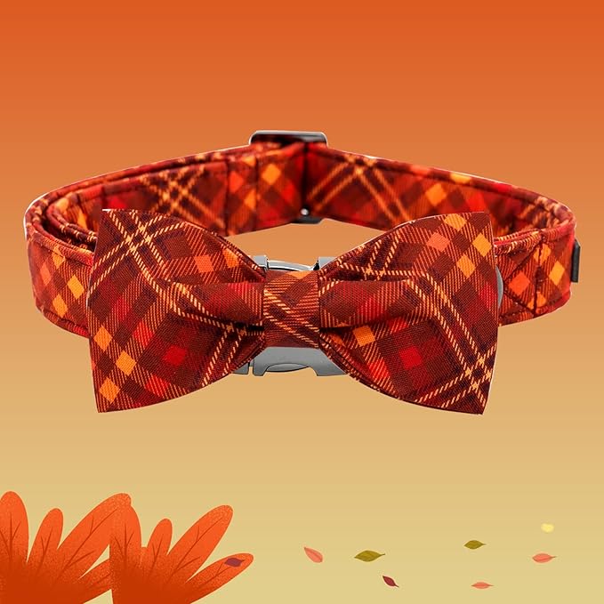 Fall Dog Collar, Pet Collar with Bow Plaid Dog Collar Girl Boy Holiday Puppy Collar Gift Bow Collar Soft Cute Collars for X-Small Puppy