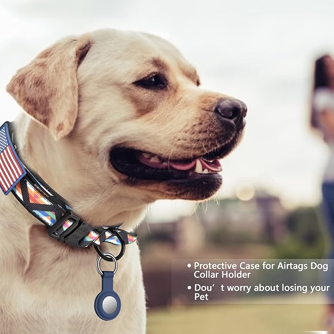 DAGANXI Tactical Dog Collar, Adjustable Military Training Nylon Dog Collar with Control Handle and Heavy Metal Buckle for Medium and Large Dogs, with Patches & Airtags Case (XL, Colorful Triangle-Set)