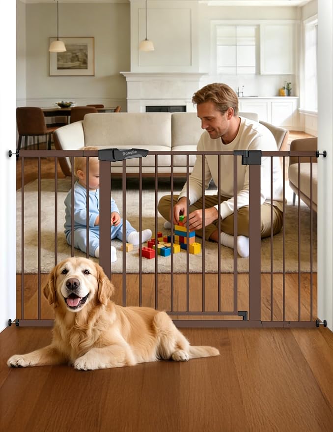 Babelio 29-55" Extra Wide Baby Gate for Stairs & Doorways, Metal Auto Close Pressure Mounted Child & Pet Safety Gate, Easy Install NO Need Tools and Drilling for Indoor Use, Brown