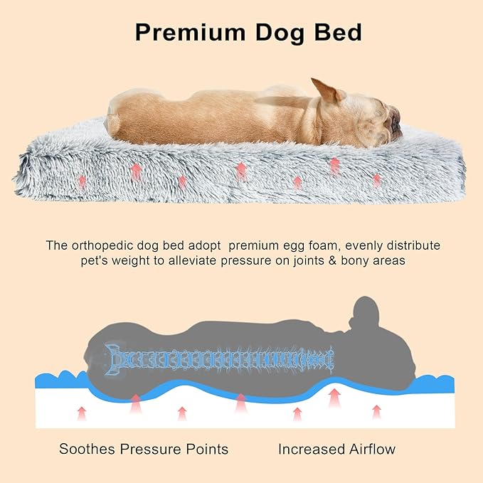 Fluffy Orthopedic Dog Beds for Puppy/Cats with Washable Removable Cover Dog Crate Bed Egg Crate Foam Support Plush Pet Pad Mat with Anti-Slip Bottom(Grey,24 * 16)