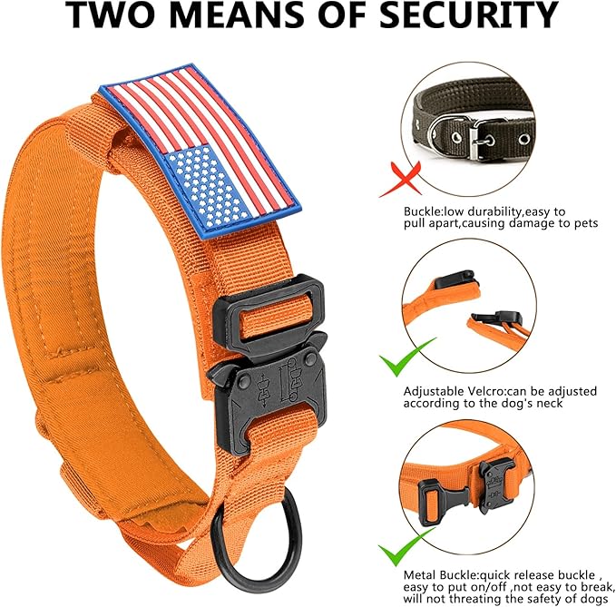DAGANXI Tactical Dog Collar, Adjustable Military Training Nylon Dog Collar with Control Handle and Heavy Metal Buckle for Medium and Large Dogs, with Patches and Airtags Case (Orange, S)