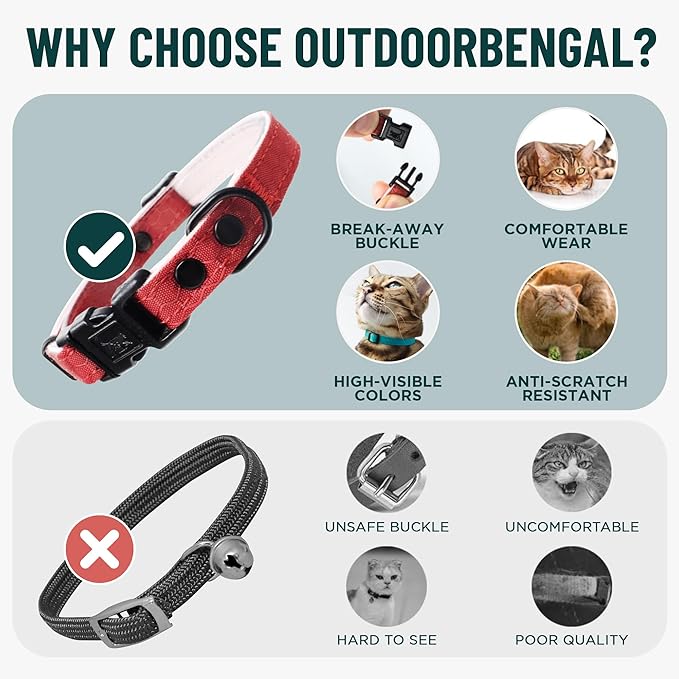OutdoorBengal Red Cat Collar Breakaway with Soft Padding for Medium to Large Cats - Durable Heavy Duty Tactical Fabric, Comfortable, Quick Release Breakaway Cat Collars, No Bell Collar (Red, Adult)