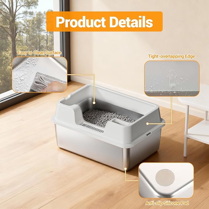 Stainless Steel Litter Box, XL Enclosed Cat Litter Boxes with Lid for Big Cats and Multi-Cats, High Sided, Anti-Urine Leakage Non-Stick Bottom Include Scoop Easy to Clean