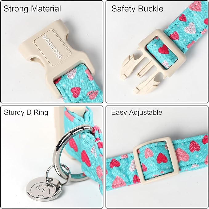 DOGWONG Valentine's Dog Collar - Blue Heart Adjustable Cotton Heart Dog Collar - Perfect for Small, Medium, Large Dogs