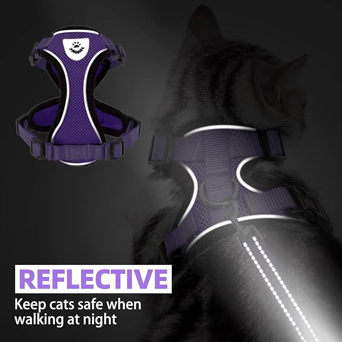 PUPTECK Cat Harness and Leash Set Escape Proof Reflective Cat Walking Harness Adjustable Soft Breathable Mesh Vest for Small Pets, Purple, L