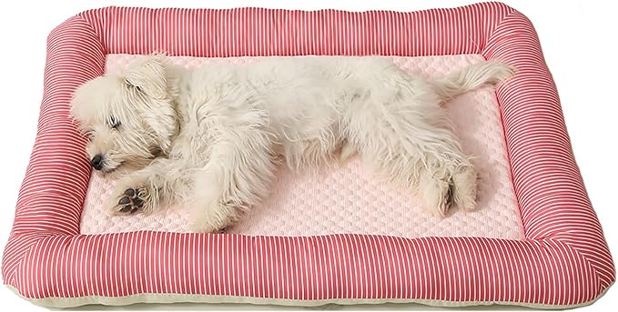 Cooling Dog Bed, Pet Mat with Quilted Design, Cooling Bed for Cats, Striped Border (Pink, Small)