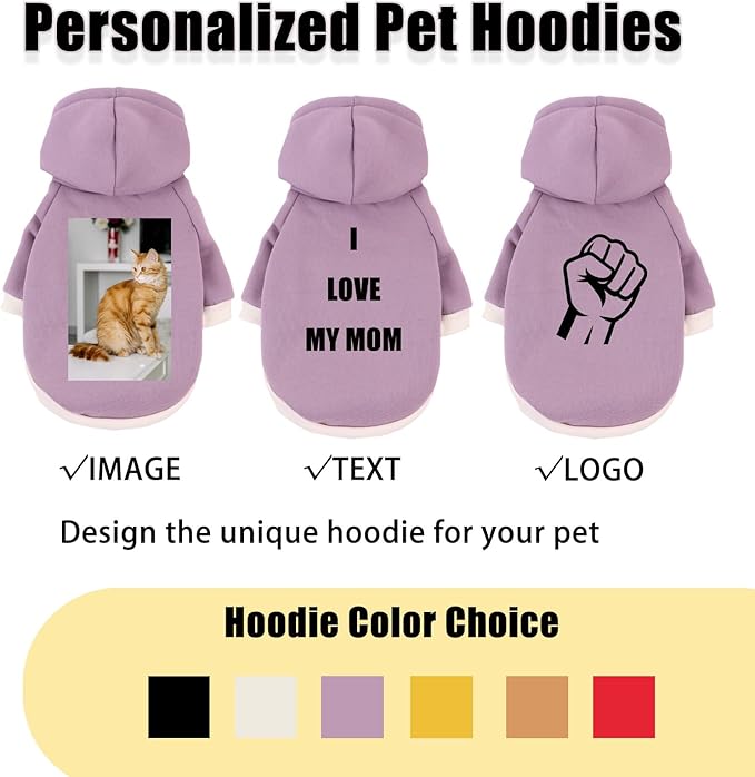 Custom Dog Hoodie, Personalized Sweatshirt with Photo Text Name Logo, Customized Hooded Sweater for Small Medium Large Dogs & Cats (Purple, Small)