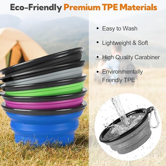 Dog Bowl Collapsible, 2 Pack Portable Foldable Travel Water Bowl Food Dishes with Carabiner Clip for Traveling, Hiking, Walking(12oz, Small, Grey+Black)