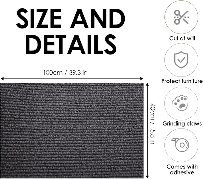 ASENKU Cat Scratch Furniture Protector, Trimmable Self-Adhesive Couch Protector from cat Claws, DIY Climb Cat Scratcher Mat for Covering Cat Tower (Dark Gray,39.3x15.8In)