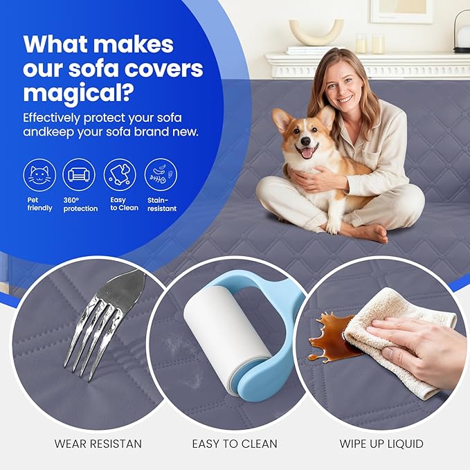 Waterproof Dog Blanket, Non-Slip Soft Pet Bed Cover, Couch Cover for Dogs Washable, Protects Sofa, Furniture, Crate, Car, Tear Resistant Leakproof Pet Blanket (52x82 Inch, Grey Blue)