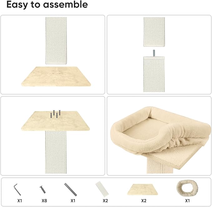 AGYM Cat Scratching Post, 32”Cat Scratcher with Large Plush Perch, Sisal & Carpet Scratching Post, Vertical Posts with Elevated Bed for Indoor Cats, Removable& Washable Cover, Beige