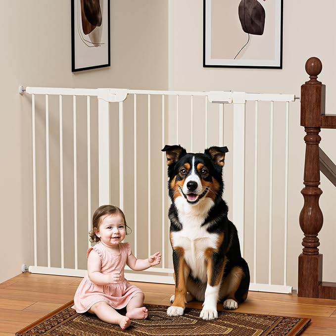 29.5-54.2" Magnetic Baby Gate for Stairs, Baby Safety Essentials, Auto Close Gate for Doorways, Easy Install Pressure Mounted Dog Gate Indoor, Pet Gates for Dogs, White