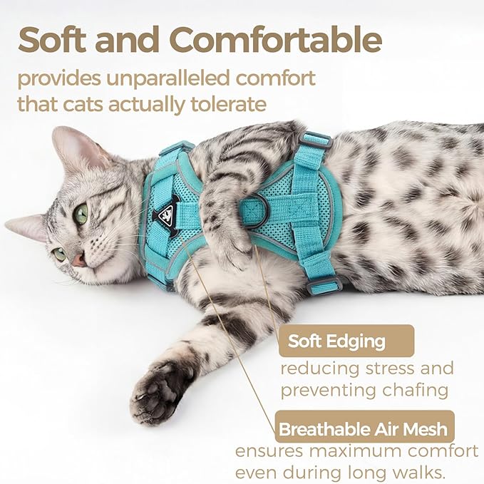 Cat Harness and Leash Set Escape Proof Tactical Medium Kitten Harness Emotional Support Cat Vest, Turquoise, M
