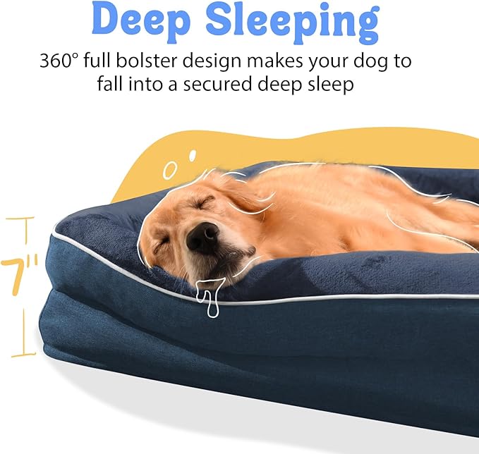 Washable Orthopedic Large Dog Bed - Extra Large Dog Bed with Bolsters Removable Orthopedic Foam Support Dogs Beds for XL Large Size Pet with Waterproof Cover Non-Slip Bottom