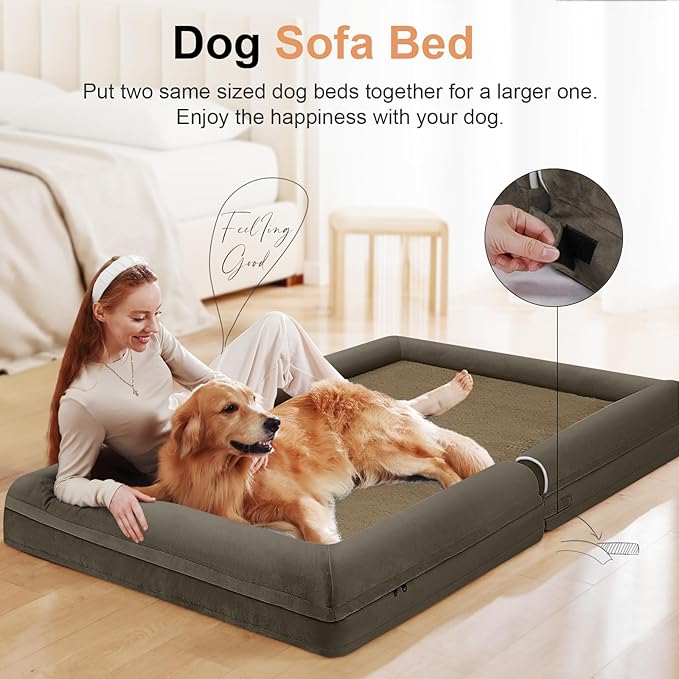 Large Dog Bed Orthopedic Washable: Jumbo Dog Bed Bolster Extra Large Dogs Egg Crate Foam Sofa Couch Waterproof Removable Cover - Brown