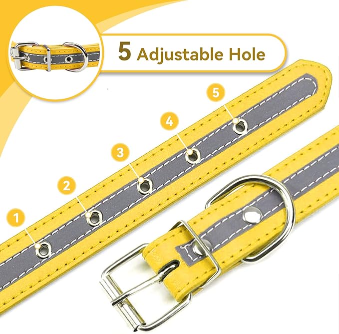PETCARE Reflective Dog Collar with Cute Paw Rivet Studded Funny Soft PU Leather Adjustable Puppy Dog Collars for Small Medium Large Dogs Cats (Yellow,X-Large)