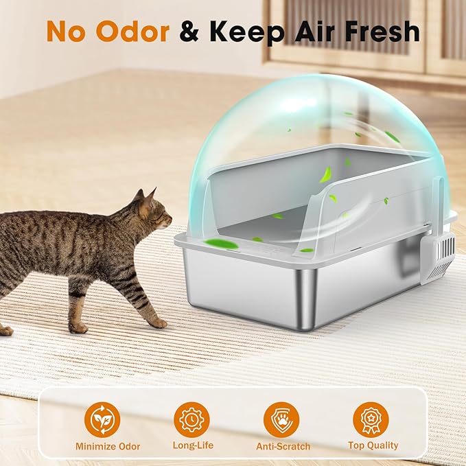2PACK Stainless Steel Litter Box, Extra Large Litter Boxes for Big Cats, XL Metal Cat Litter Box with Lid High Sides, Anti-Urine Leakage, Non-Sticky, Scoop Included
