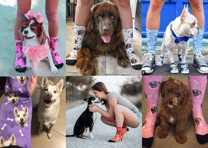 MyPupSocks Custom Personalized Photo Pet Face Socks, Cat and Dog Tracks Paws Bones Crew Socks with Picture for Men Women
