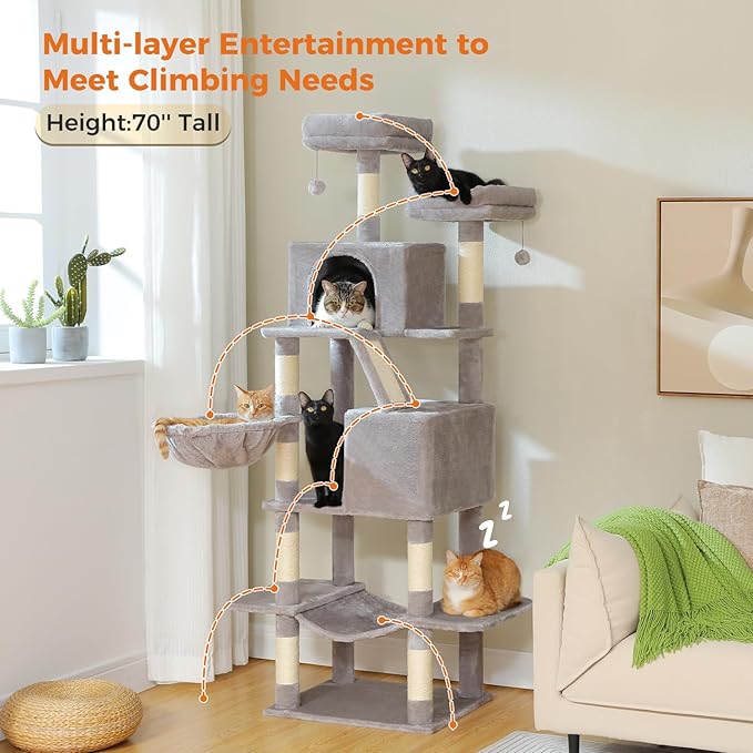 70.8" Tall Cat Tree for Indoor Cats Large Adult, Multi-Level Climbing Tower with Perches, Condo, Hammock, and Sisal Scratching Posts, Easy to Assemble, Light Gray