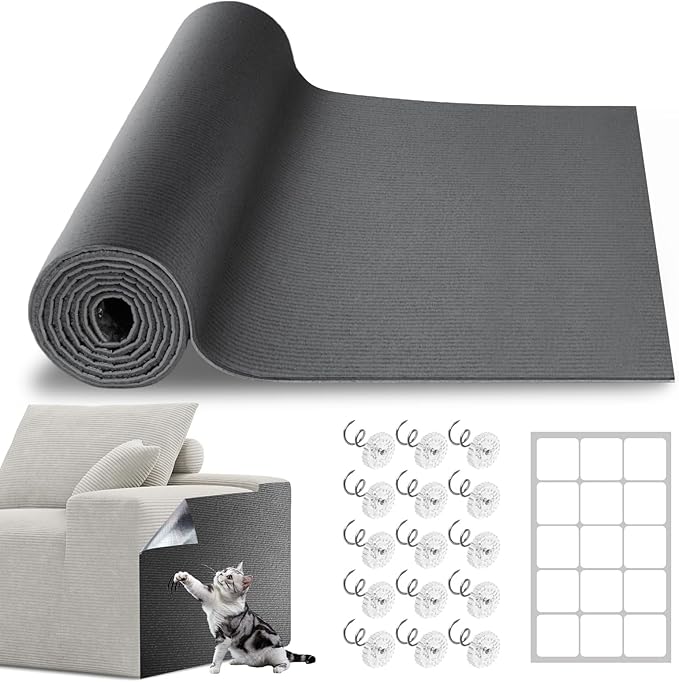 Cat Scratch Furniture Protector, 78.7"x15.8" Cat Scratching Mat, Trimmable Self-Adhesive Cats Claws Scratch Pads, DIY Carpet Mat Replacement for Cats Tree, Cats Wall Shelves, Dark Grey