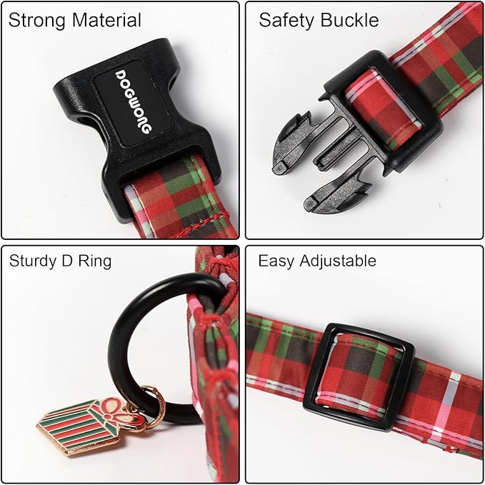 DOGWONG Christmas Plaid Dog Collar, Cute Adjustable Red Collar for Boy and Girl Dogs, Dog Collar with Strong Plastic Buckle for Small Medium Large Dogs,S