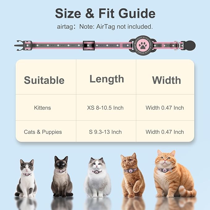 Airtag Cat Collar Breakaway, Reflective Cat Collar with AirTag Holder and Bell, Compatible with Apple Air Tag, Comfortable Padding, Adjustable, Durable (Pink, S)