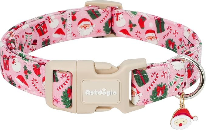 Pink Christmas Dog Collar, Adjustable Cotton Dog Collars with Santa & Snowman Patterrn, Holiday Dog Collars for Small Dogs, Cute Winter Collar for Girl Boy Dogs-S