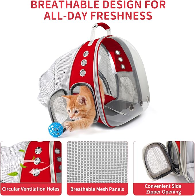 Cat Backpack Carrier, Back Expandable Pet Backpack with Bubble Window, Airline Approved Pet Travel Bag for Small/Medium Cats & Puppies, Hiking, Camping, Outdoor Use (Red)